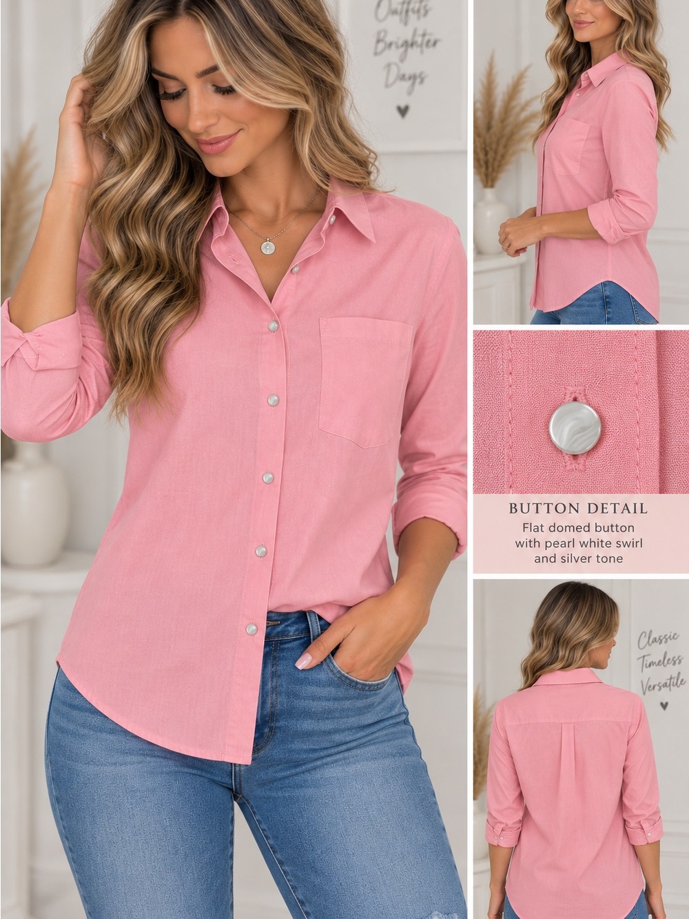 SHEIN Women's Small Pink Button Down Long Sleeve Blouse NWOT